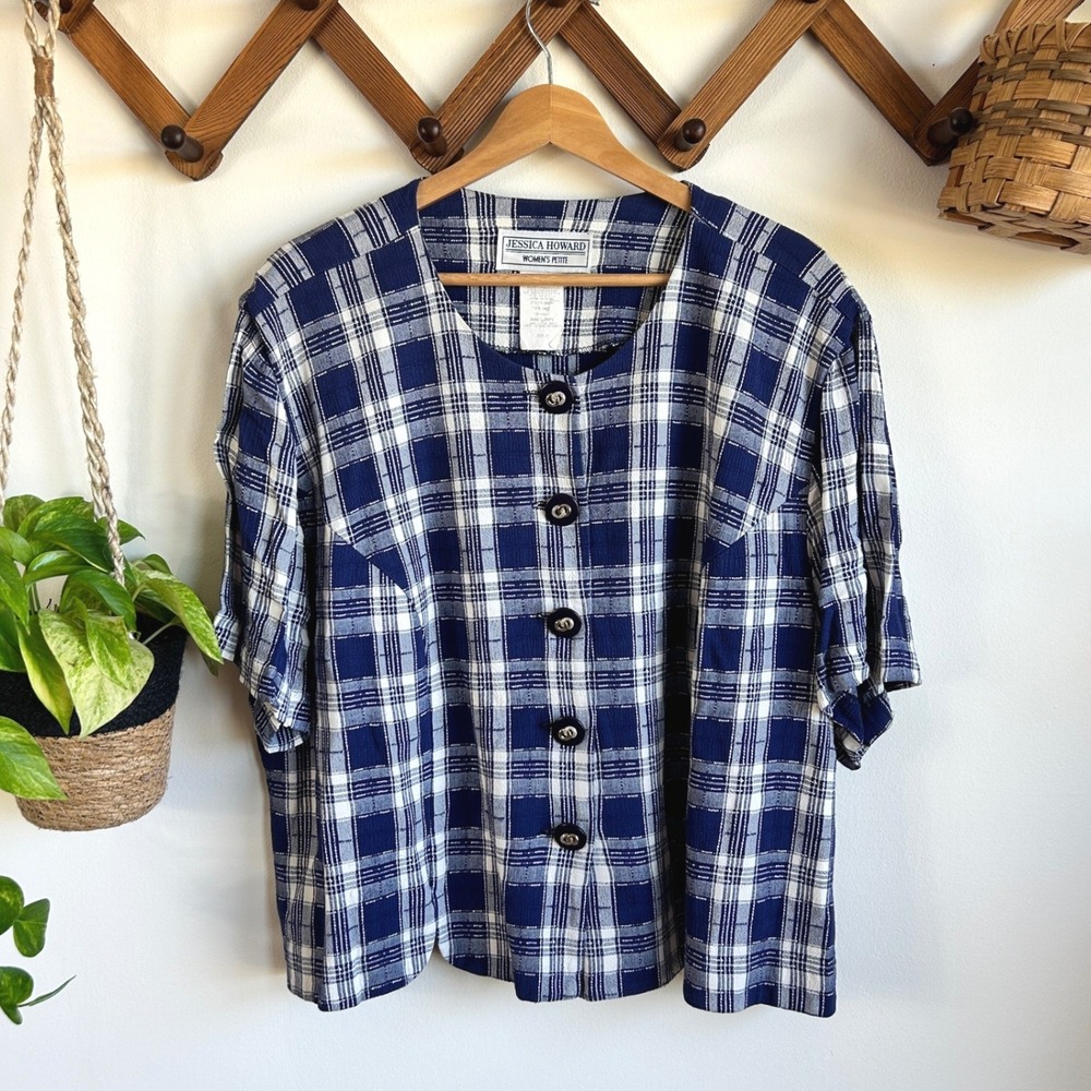 Vintage Jessica Howard Vintage Navy White Plaid Button Front Jacket Top Cottage